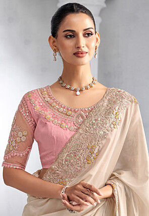 Embroidered Trim Crepe Saree in Off White