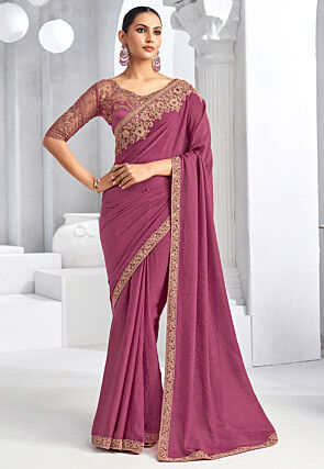 Embroidered Trim Crepe Saree in Pink