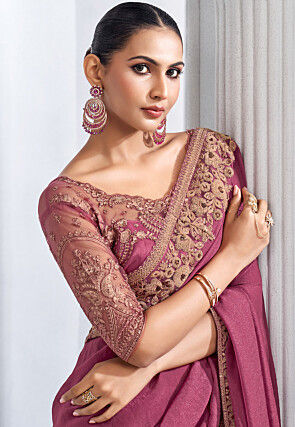 Embroidered Trim Crepe Saree in Pink