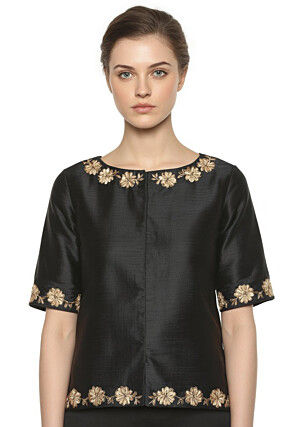 Embroidered Trim Dupion Silk Blouse in Black