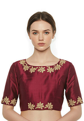 Embroidered Trim Dupion Silk Blouse in Maroon