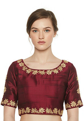 Embroidered Trim Dupion Silk Blouse in Maroon