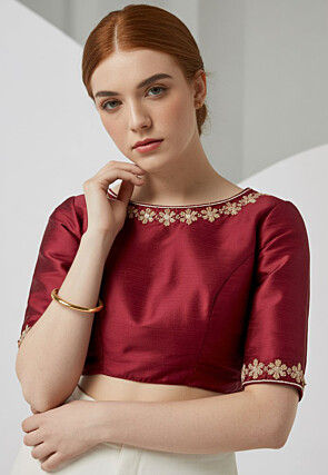 Embroidered Trim Dupion Silk Blouse in Maroon