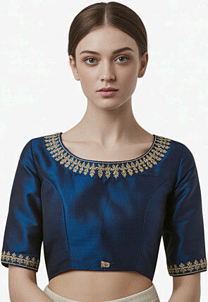 Embroidered Trim Dupion Silk Blouse in Navy