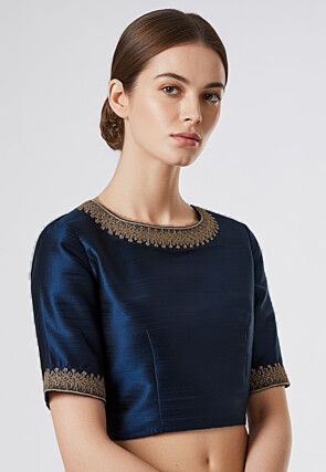 Embroidered Trim Dupion Silk Blouse in Navy