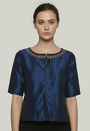 Embroidered Trim Dupion Silk Blouse in Navy