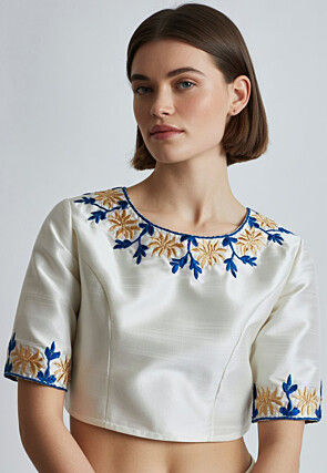Embroidered Trim Dupion Silk Blouse in Off White