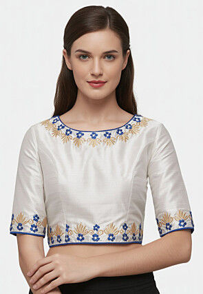 Embroidered Trim Dupion Silk Blouse in Off White