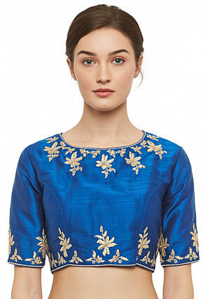 Embroidered Trim Dupion Silk Blouse in Teal Blue