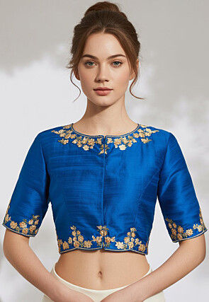 Embroidered Trim Dupion Silk Blouse in Teal Blue