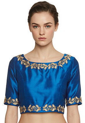 Embroidered Trim Dupion Silk Blouse in Teal Blue