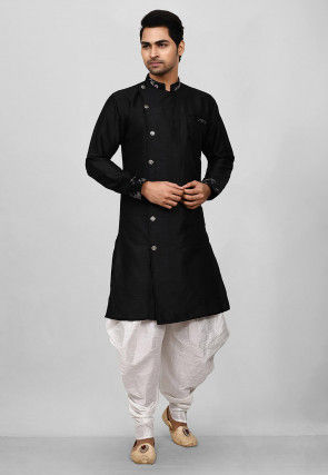 Embroidered Trim Dupion Silk Dhoti Kurta in Black