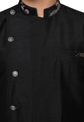 Embroidered Trim Dupion Silk Dhoti Kurta in Black