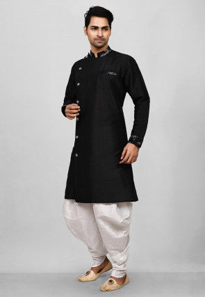 Embroidered Trim Dupion Silk Dhoti Kurta in Black