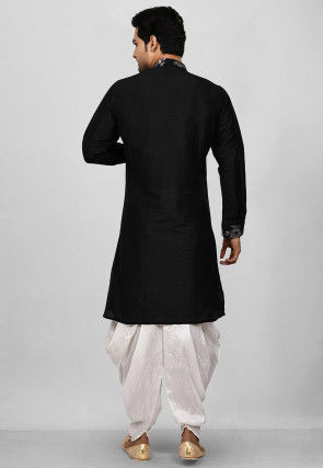 Embroidered Trim Dupion Silk Dhoti Kurta in Black