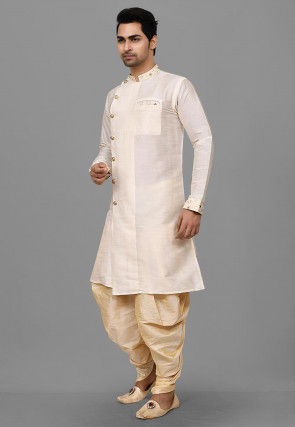 Embroidered Trim Dupion Silk Dhoti Kurta in Off White