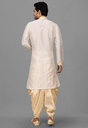 Embroidered Trim Dupion Silk Dhoti Kurta in Off White
