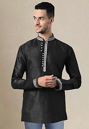 Embroidered Trim Dupion Silk Short Kurta in Black
