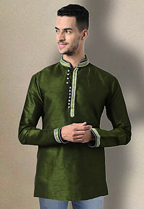 Embroidered Trim Dupion Silk Short Kurta in Dark Olive Green