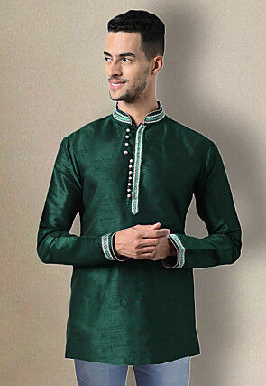 Embroidered Trim Dupion Silk Kurta in Dark Teal Green
