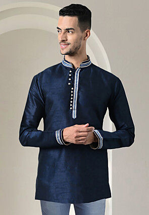 Embroidered Trim Dupion Silk Short Kurta in Navy Blue