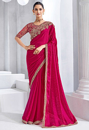 Embroidered Trim Organza Saree in Fuchsia