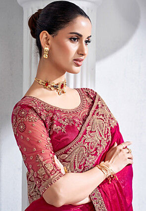 Embroidered Trim Organza Saree in Fuchsia