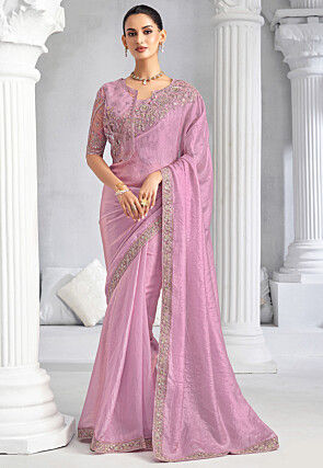 Embroidered Trim Organza Saree in Pink