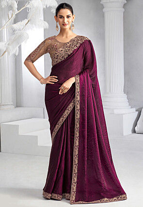 Embroidered Trim Organza Saree in Purple
