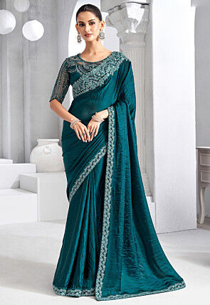 Embroidered Trim Organza Saree in Teal Blue
