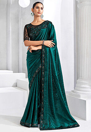 Embroidered Trim Organza Saree in Teal Green