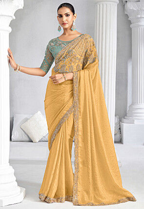 Embroidered Trim Organza Saree in Yellow