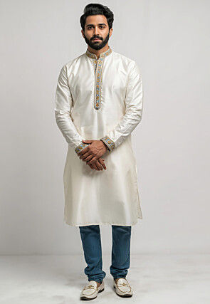 Embroidered Trim Pure Cotton Kurta in White