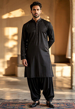 Embroidered Trim Pure Cotton Kurta Set in Black