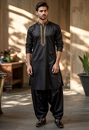 Embroidered Trim Pure Cotton Kurta Set in Black