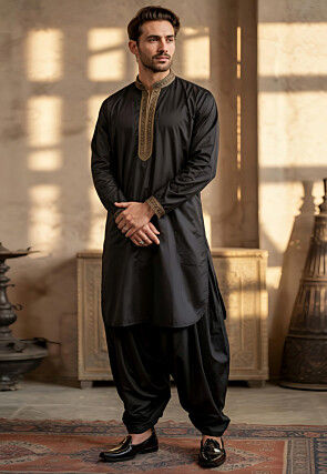 Embroidered Trim Pure Cotton Kurta Set in Black