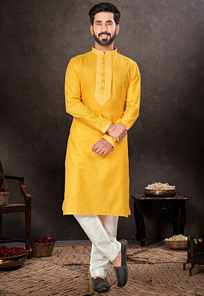 Embroidered Trims Cotton Kurta Set in Orange