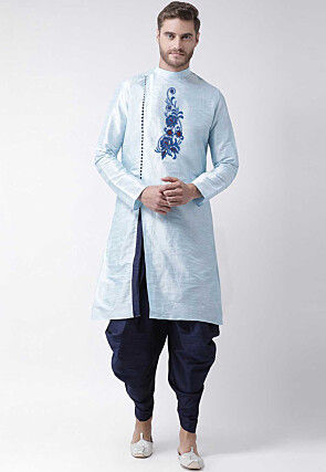 Embroidered Trims Dupion Silk Dhoti Kurta in Light Blue