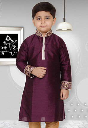 Embroidered Trims Dupion Silk Kurta in Dark Purple