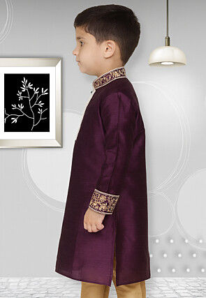 Embroidered Trims Dupion Silk Kurta in Dark Purple