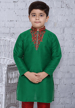 Embroidered Trims Dupion Silk Kurta in Green