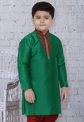 Embroidered Trims Dupion Silk Kurta in Green