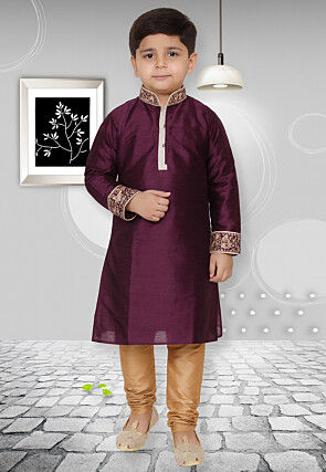 Embroidered Trims Dupion Silk Kurta Set in Dark Purple