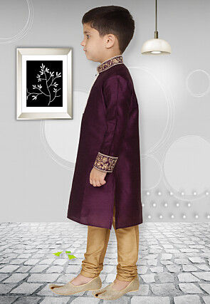 Embroidered Trims Dupion Silk Kurta Set in Dark Purple