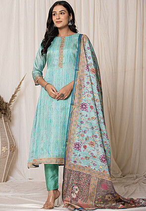 Embroidered Tussar Silk Aline Suit in Light Blue