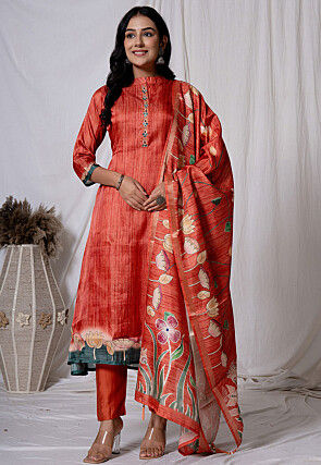 Embroidered Tussar Silk Aline Suit in Rust