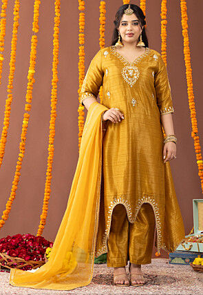 Embroidered Tussar Silk Asymmetric Pakistani Suit in  Mustard