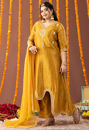 Embroidered Tussar Silk Asymmetric Pakistani Suit in  Mustard