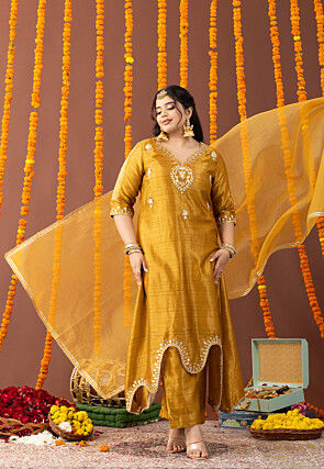 Embroidered Tussar Silk Asymmetric Pakistani Suit in  Mustard