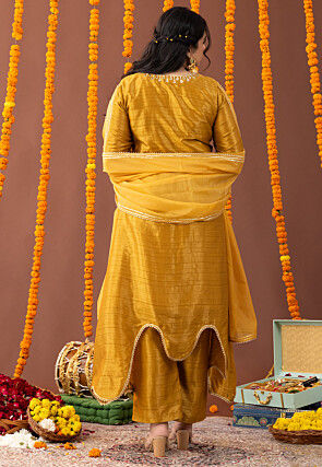 Embroidered Tussar Silk Asymmetric Pakistani Suit in  Mustard